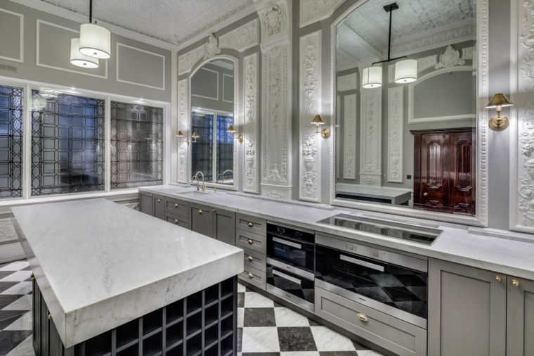 modern interior kitchen islet central black and white tile