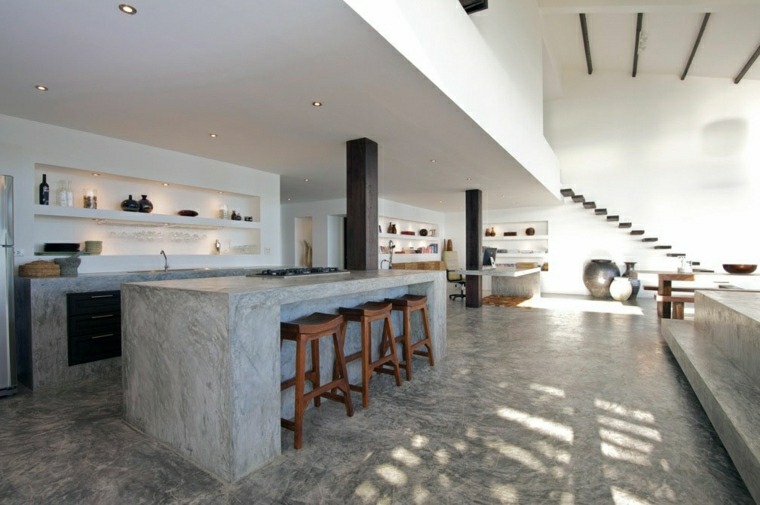 interior modern kitchen island concrete stool wood design floor coating