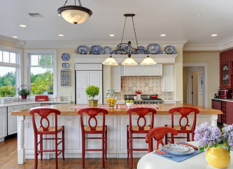 romantic kitchen white color red chairs