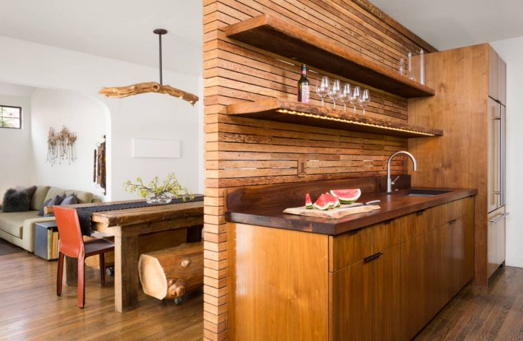 kontemporari dapur kayu lanskap ruang kecil reka bentuk moden