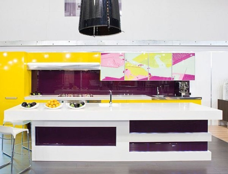 modern kitchen island central white sink yellow purple