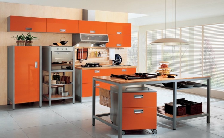 gray orange kitchen