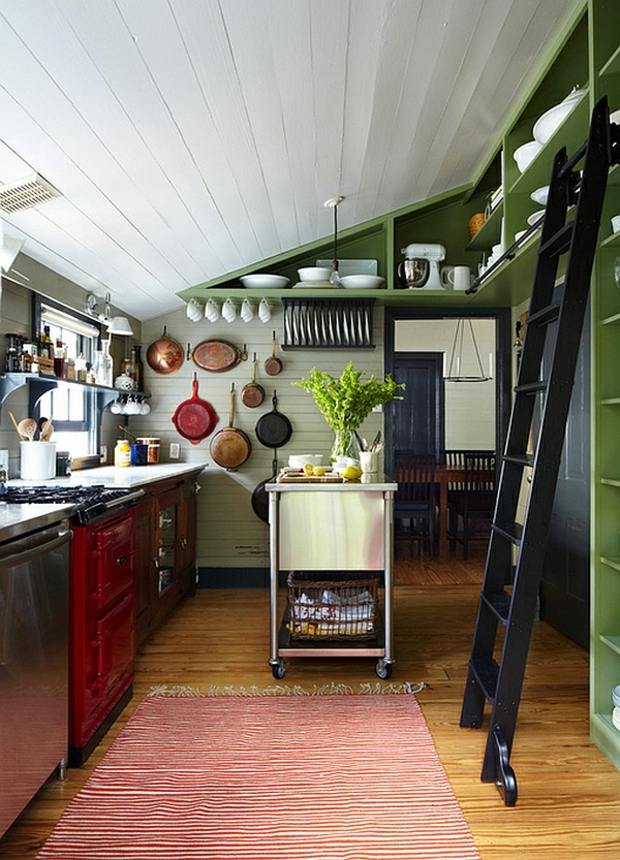 adorable farmhouse kitchen with ladder and traveling island