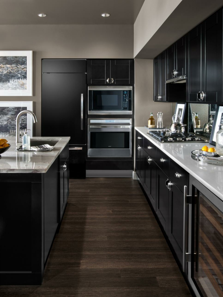 kitchen design black deco central island brown parquet