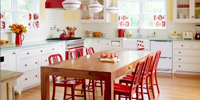 kitchen red wood idea table wood deco flowers table red chairs