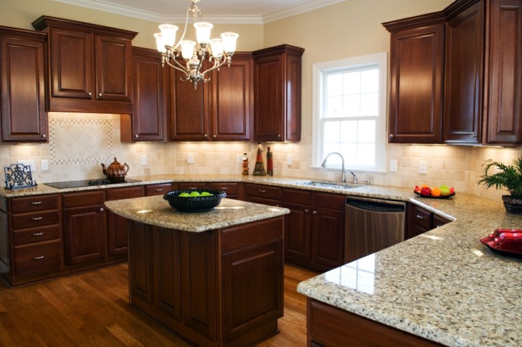 kitchen interior modern furniture dark wood central island suspended luminaire