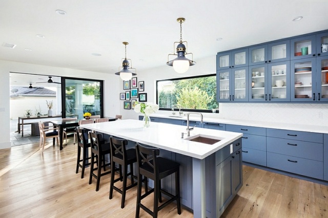 kitchen design island bar white blue light fixture