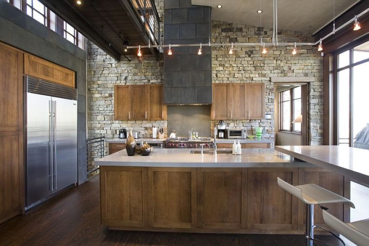 kitchen industrial style brick wall