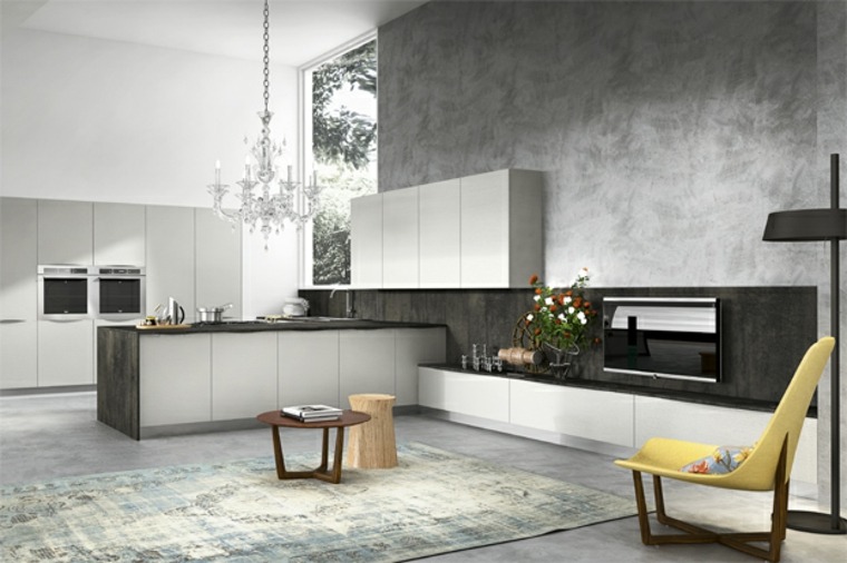kitchen design island semi-central idea lighting fixture suspension carpet floor gray coffee table