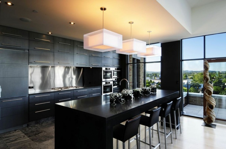 modern design kitchen island central black lighting suspension design