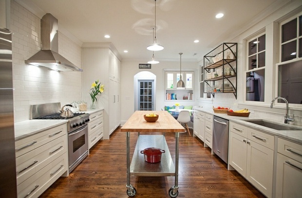 modern design kitchen with movible wood surface island