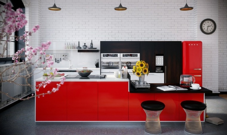 kjøkken rød og grå idé design avføring svart deco blomster lampe