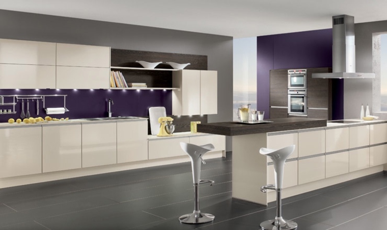 kitchen aubergine color modern design central island white stool wall tile decorating idea