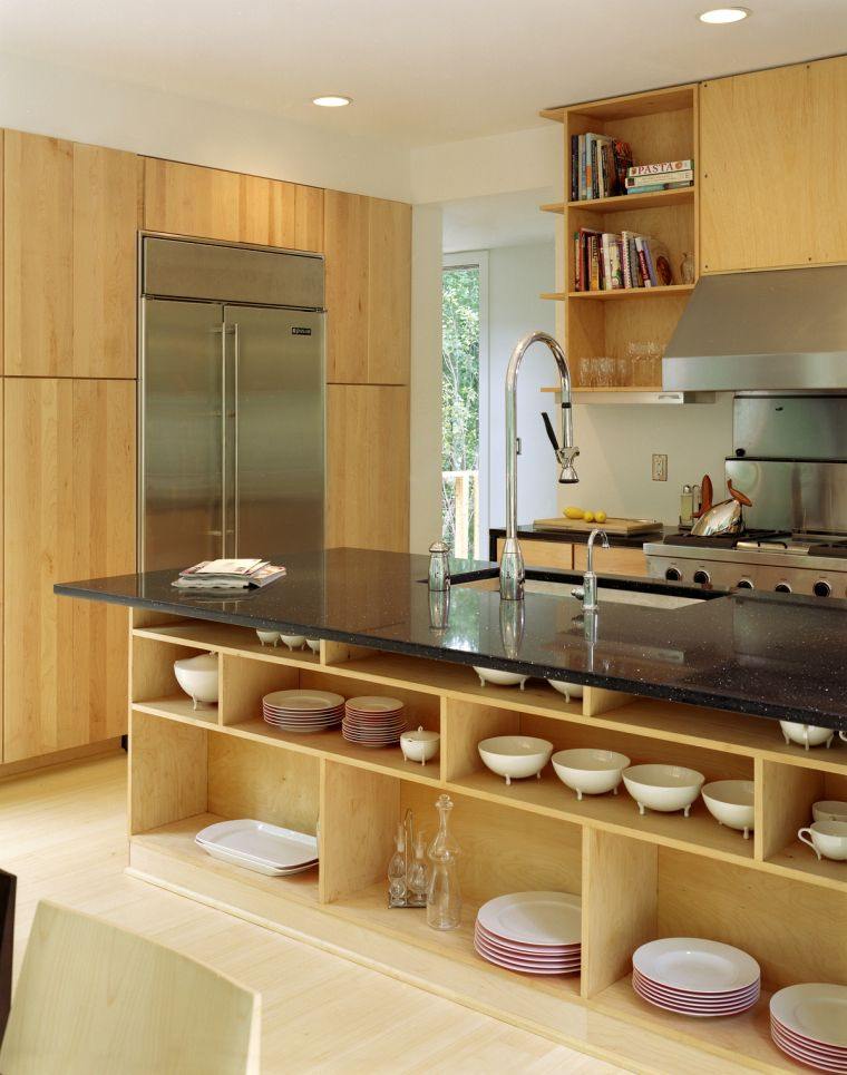 kitchen in l island-central-deco-wood-storage-open