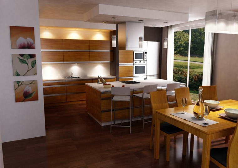 u-shaped kitchen with bar wood stools design parquet