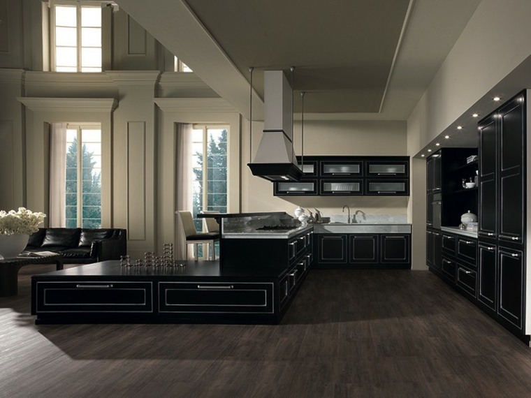 black kitchen design parquet floor