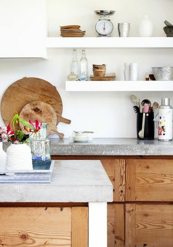 kitchen shelves work concrete planks wood fibers