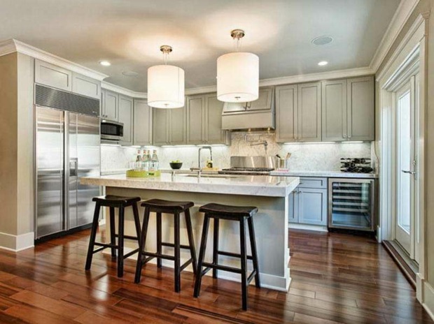 family kitchen with center island and stools