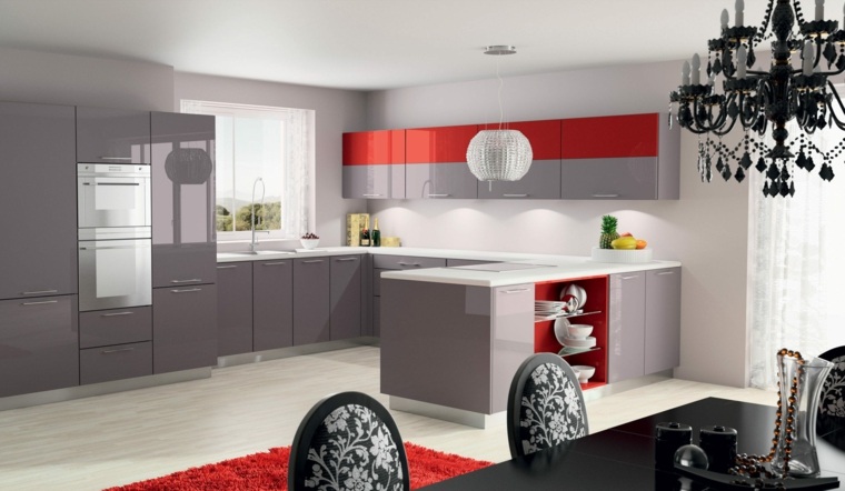 grått kjøkken og røde, trendy grå moderne ømøbler
