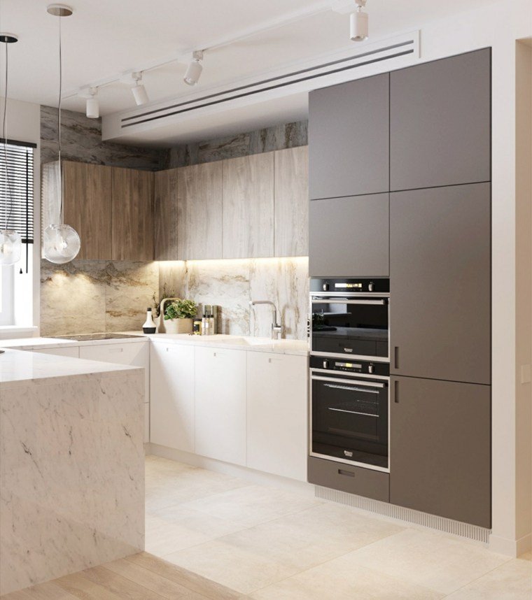 kitchen gray and white modern design island with jamb dressing stone