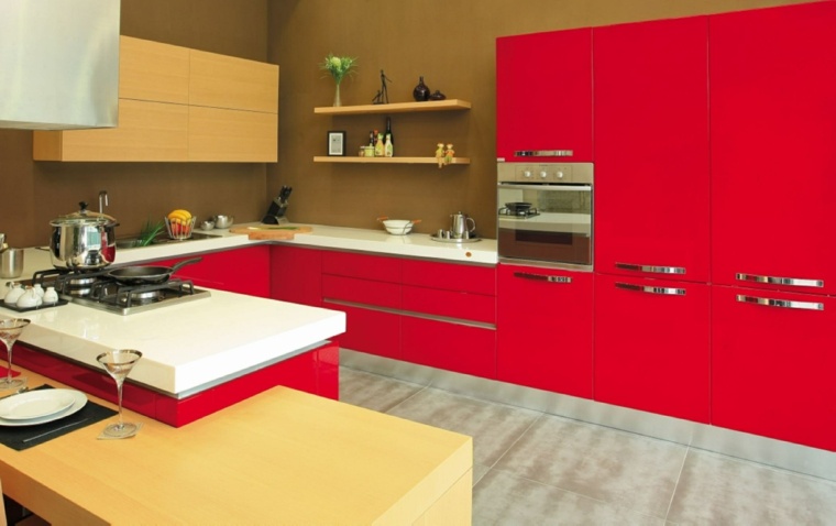 red kitchen buffet wood tile gray modern design oven