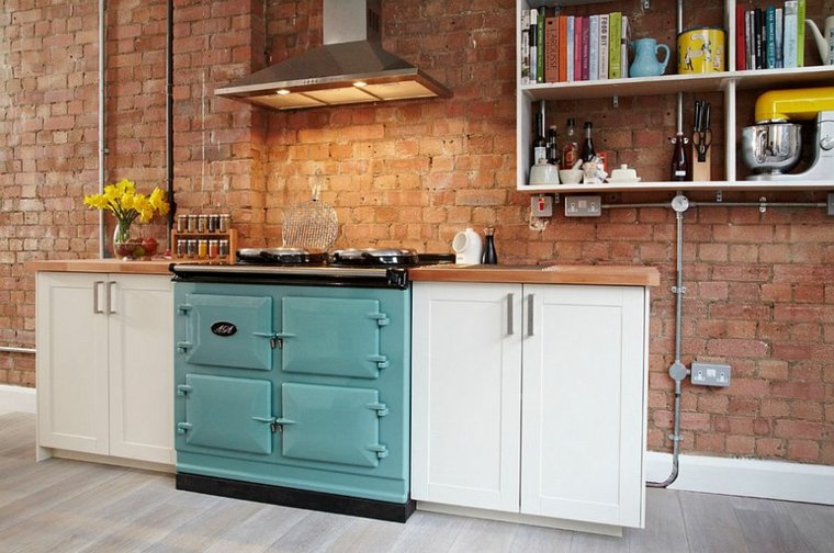 moderne kjøkken murstein design avtrekksvifte blå tre design hyller