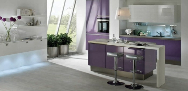 central island kitchen open purple white