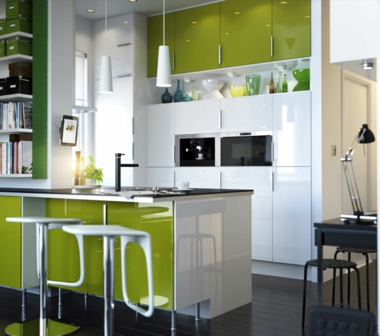 green kitchen design idea island central green khaki luminaire suspension stool island idea