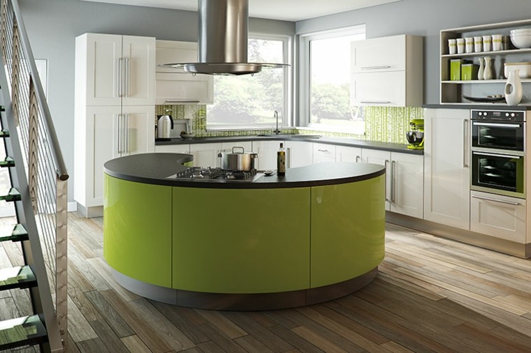 white kitchen central island green round design idea stainless steel suction hood