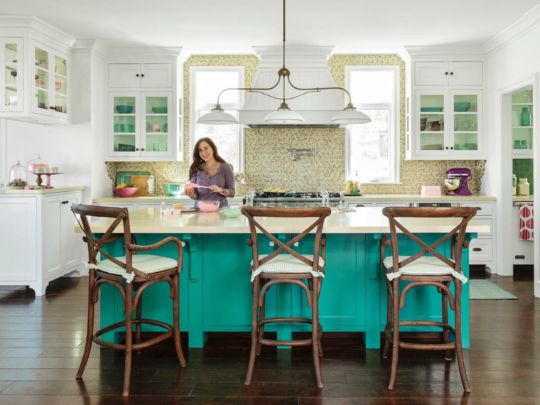 kitchen interior idea color island central wood blue green