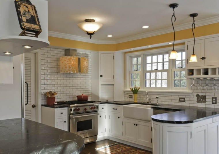 white kitchen touch yellow modern fixture suspension