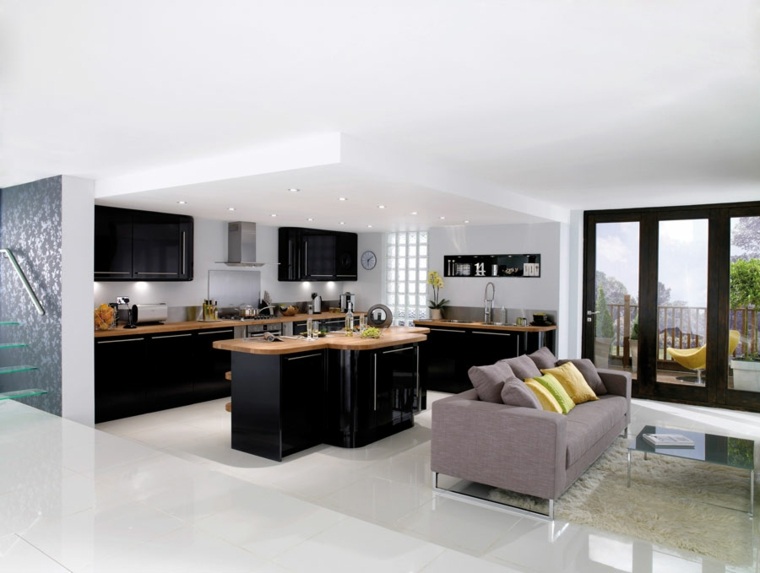 design kitchen black center island wood sofa gray design