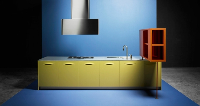 open kitchen idea central island color yellow storage hood extractante