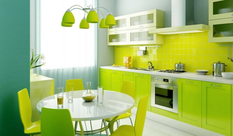 green lime kitchen idea lighting design dining table cupboard extractor hood