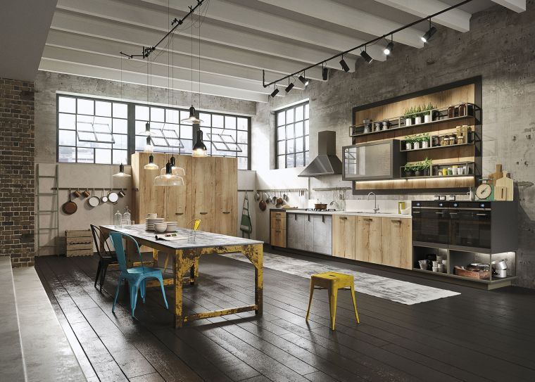 moderne kjøkken trebord design sentral øy hengende lysarmatur hylle