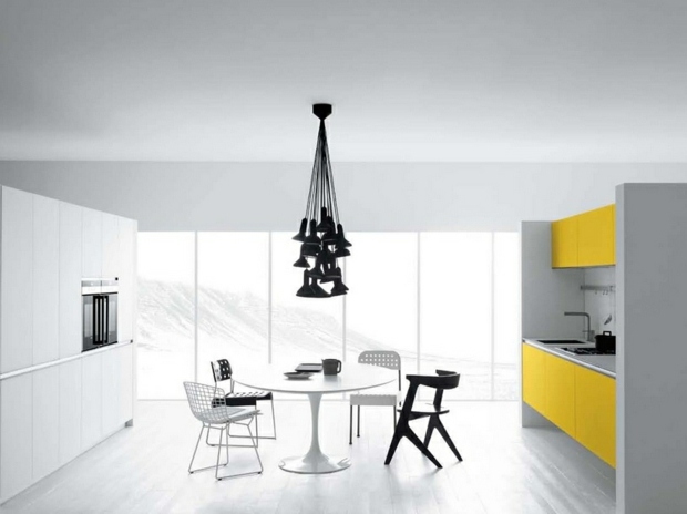 white minimalist kitchen black yellow accents