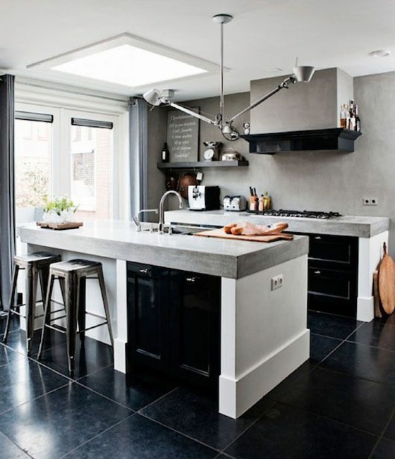 minimalist kitchen worktop concrete light gray floor black tile