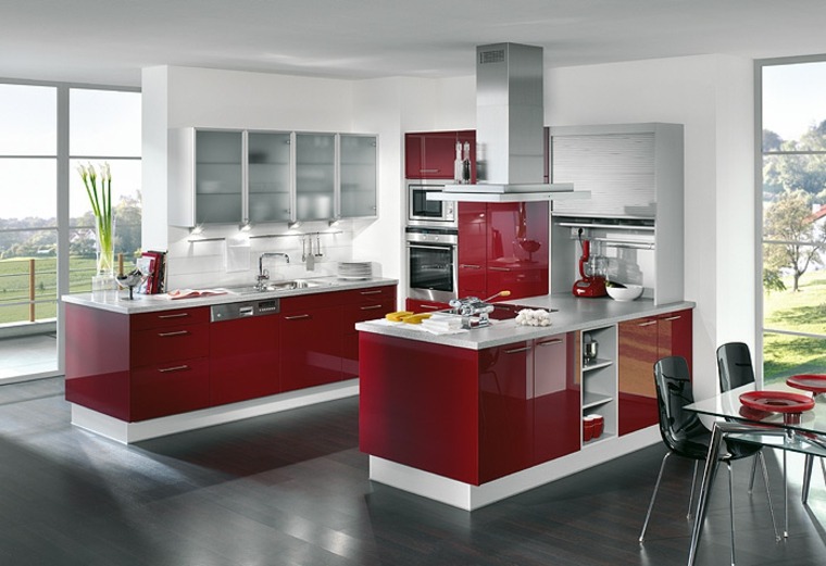kitchen red design central island extractor hood dining table