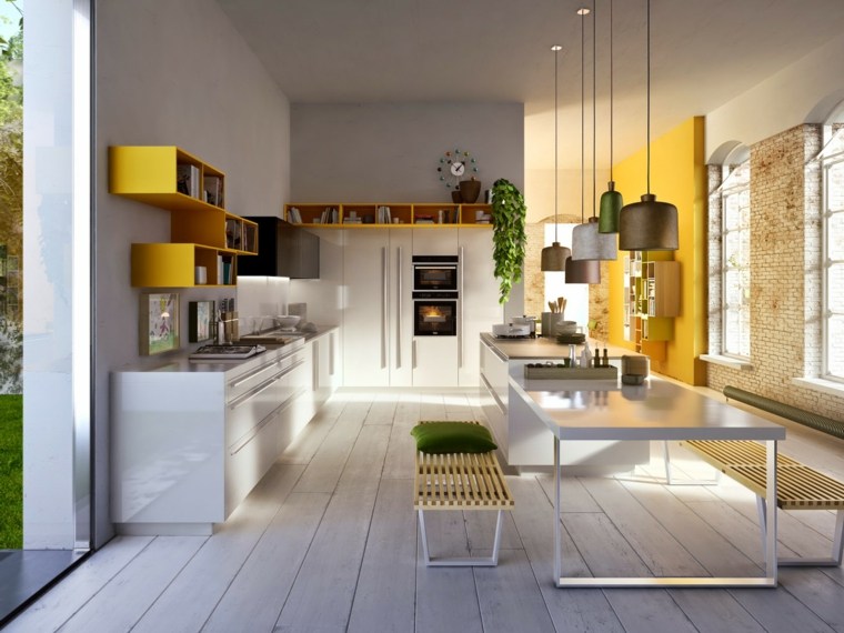 white modern kitchen yellow accents