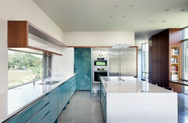 modern kitchen design white plane blue turquoise interior deco