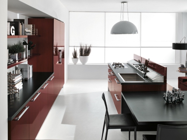 burgundy black modern kitchen