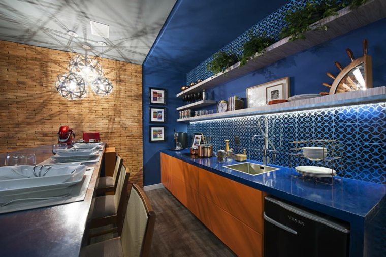 blue orange modern kitchen