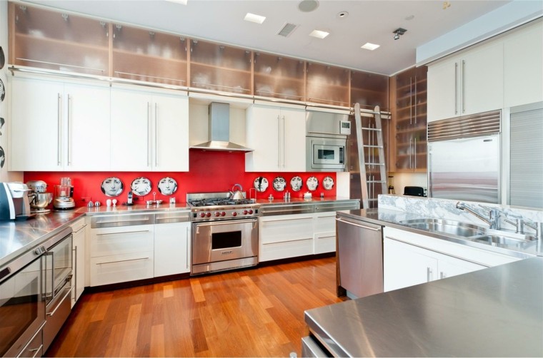 gray kitchen and red modern design idea