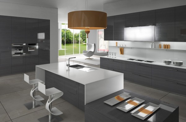 modern kitchen gray tones suspension beige