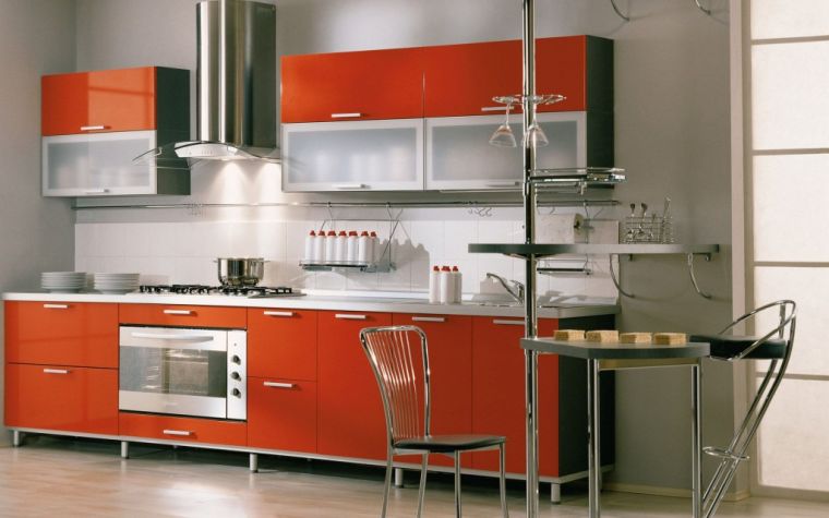 gray wall mural kitchen furniture red