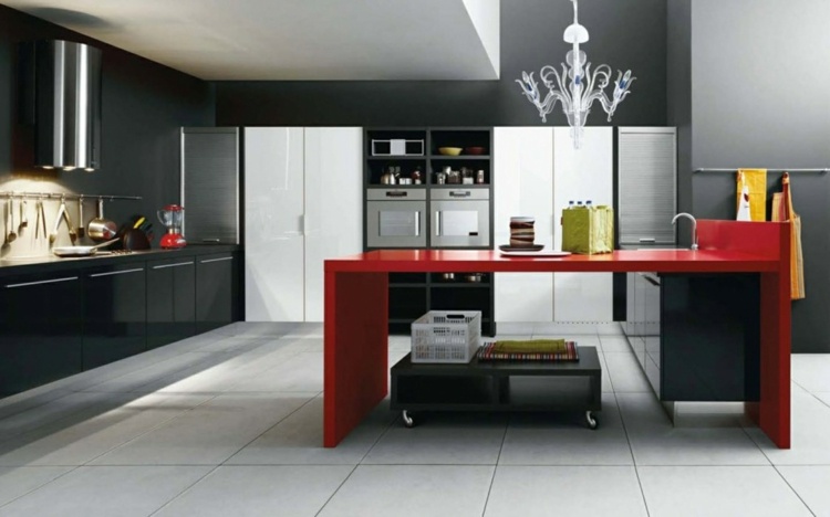 black and white kitchen red accents