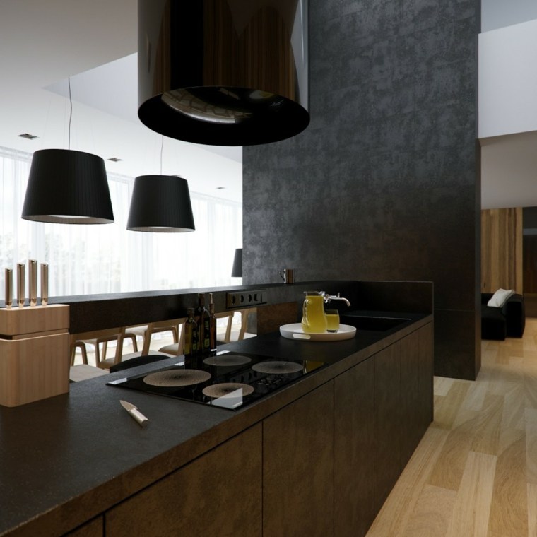 black kitchen decor and gray wood central island idea black wood design