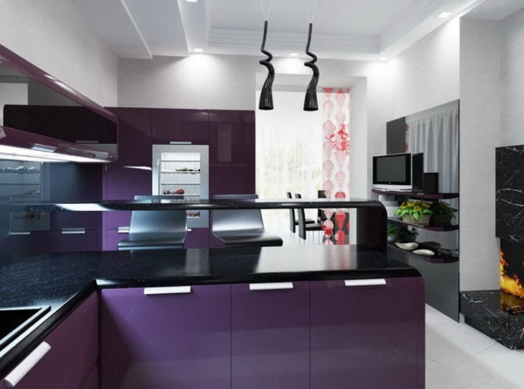 modern kitchen layout idea black purple design fixture suspension