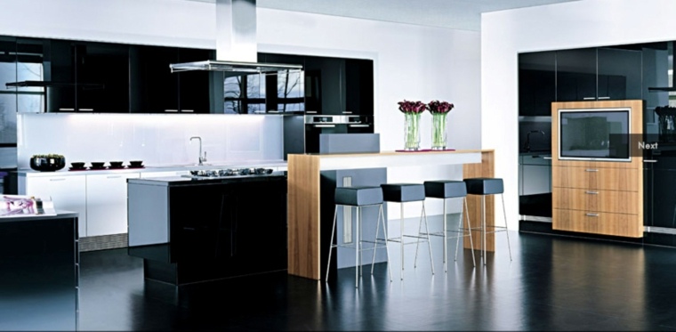 white kitchen with black and wood