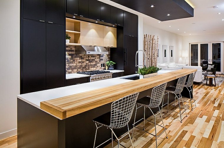 black kitchen with wooden bar